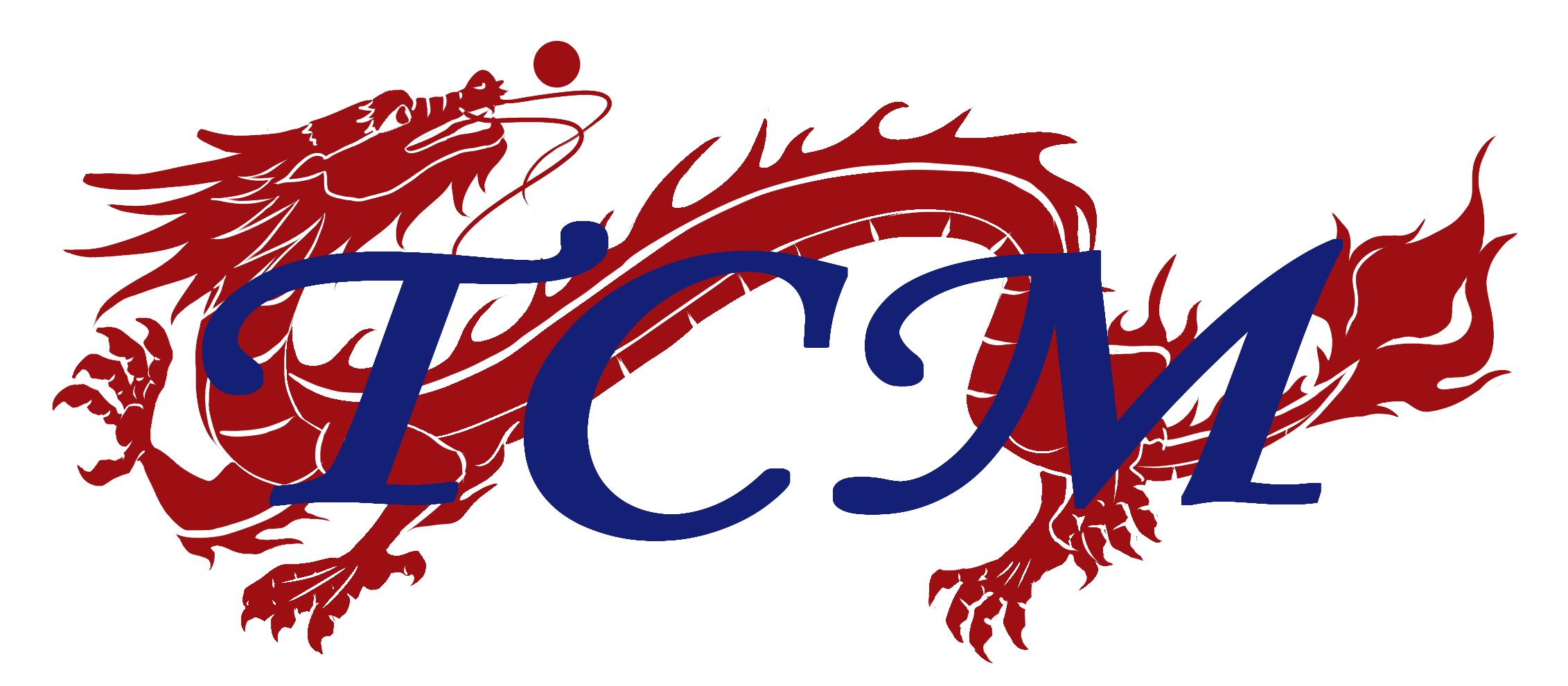 TCM Logo with the wordmark TCM in blue over a red, stylized dragon